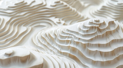 Wall Mural - 3D rendered abstract white terrain with layered wavy patterns, offering a unique and intricate texture ideal for backgrounds, digital art, and creative design projects