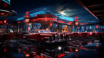 Canvas Print - **Create a line drawing of a retro-style diner with neon signs and vintage cars parked outside