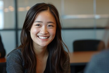 Young professional woman smiling during business meeting