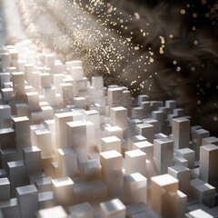 Wall Mural - abstract digital landscape of shifting white cubes creating a dynamic 3d grid with subtle light rays and particle effects suggesting data flow