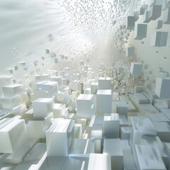 Wall Mural - abstract digital landscape of shifting white cubes creating a dynamic 3d grid with subtle light rays and particle effects suggesting data flow