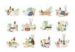 © Nadezhda Mih - Set of natural eco cosmetic, aromatherapy and spa salon products.  Lotion, creams, essential oils, candles, and diffusers. Beauty selfcare vector illustration. Organic elements, leaves and flowers.