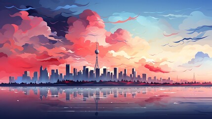 Wall Mural - **Create a minimalist line illustration of a city skyline at dusk