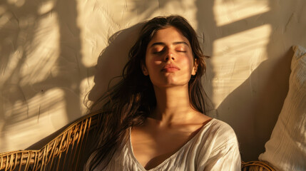 Wall Mural - A photograph of a young woman with long dark hair, leaning against a wall, eyes closed, cozy minimalist bedroom