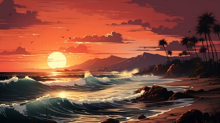 Wall Mural - **Design a line illustration of a serene beach scene with palm trees and rolling waves