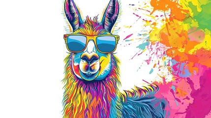 Wall Mural - cute cartoon full body llama wearing sunglasses, doodle colored pencil painting folk art fantasy vibrant vector illustration clip art white background