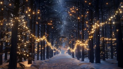 Wall Mural - Enchanted Winter Forest Path Illuminated by String Lights at Night under Falling Snow