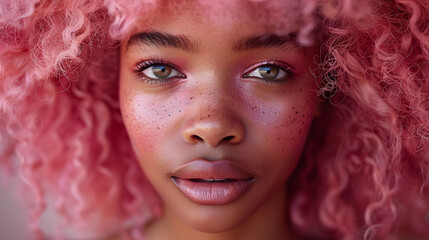 Poster - Pink curly hair African girl closeup portrait