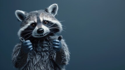 Poster - Cute raccoon plush dressed, index thumbs up, big smile in a funny carton style attitude, cool and funky, on a dark blue background with copy space