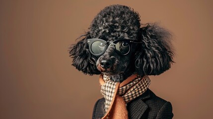 Canvas Print - Dog, black poodle, dressed in an elegant suit with a nice scarf, wearing sunglasses. Fashion portrait of an anthropomorphic animal posing with a charismatic human attitude