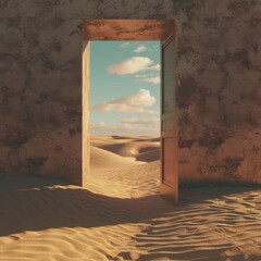 opened door on desert. unknown and start up concept. this is a 3d illustration job id: abd91f46-6a02