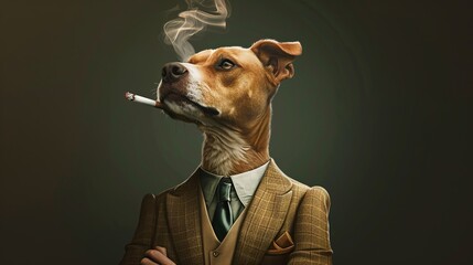 Sticker - Dog dressed in an elegant suit, standing as a leader and a confident gentleman, smoking a cigarette. Fashion portrait of an anthropomorphic anima posing with a charismatic human attitude