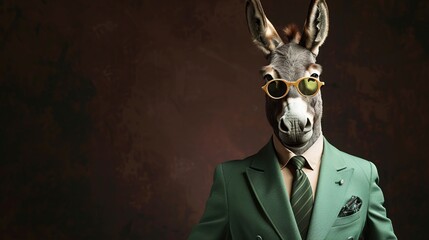 Wall Mural - Donkey dressed in an elegant green suit, tie and sunglasses. Fashion portrait of an anthropomorphic animal posing with a charismatic human attitude