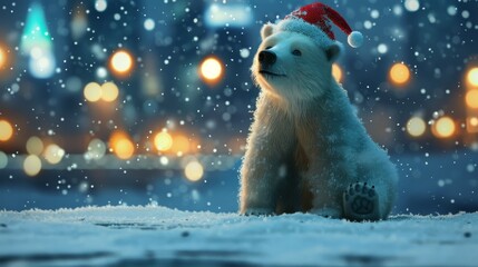 Wall Mural - Festive Polar Bear in Santa Hat with Snowfall and Bokeh Holiday Background