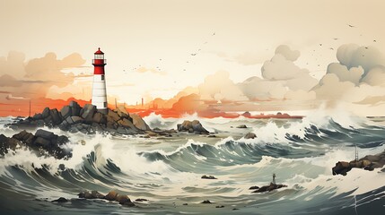 Canvas Print - **Draw a minimalist line illustration of a solitary lighthouse overlooking stormy seas