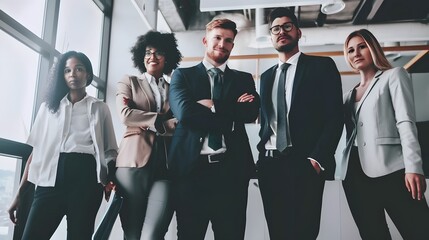 Wall Mural - A diverse group of businesspeople stand together in a modern office.