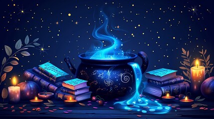 Wall Mural - Cauldron bubbling with a mysterious potion surrounded by spell books and magical ingredients ideal for Halloween illustrations and fantasy designs Illustration Flat Color, Clip Art Style , Minimalism,