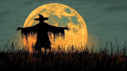 Canvas Print - Dark silhouette of a scarecrow against a harvest moon ideal for autumn-themed illustrations and spooky Halloween backgrounds Illustration Flat Color, Clip Art Style , Minimalism,