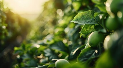 Poster - A beautiful shot of a green apple orchard with lush leaves, bathed in golden sunlight. The image showcases the natural beauty and abundance of the orchard.