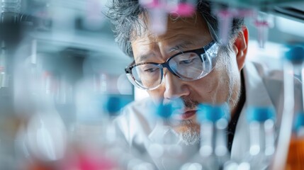 Wall Mural - a scientist is working in a laboratory surrounded by various glass equipment and colorful chemicals,