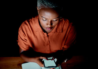 Poster - Black woman, business and phone for texting at night with communication, mockup and network in office. African employee, mobile space and above typing for reading email, web chat and working overtime