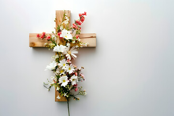 Canvas Print - A simple yet elegant composition featuring a wooden Christian cross adorned with delicate flowers, set against a muted white background, leaving ample space for text, funeral invitation