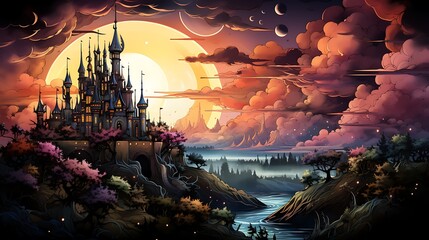 Canvas Print - **Illustrate a whimsical line illustration of a fairytale castle surrounded by magical creatures