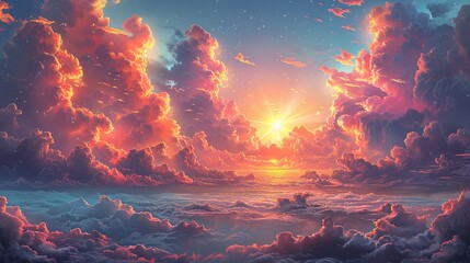 Wall Mural - Surreal sky with colorful clouds and a glowing sun creating a magical and ethereal atmosphere perfect for fantasy-themed illustrations Illustration Flat Color, Clip Art Style , Minimalism,