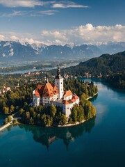 Wall Mural - Aerial view of Lake Bled, Slovenia. Alpine scenery with medieval castle