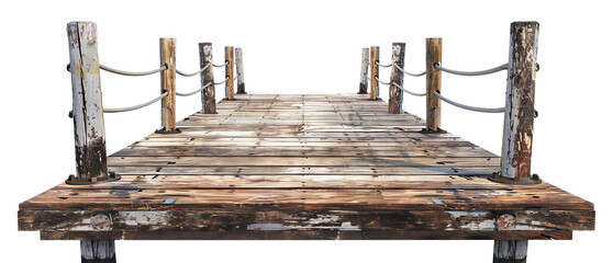 Weathered wooden pier with rope railings, cut out