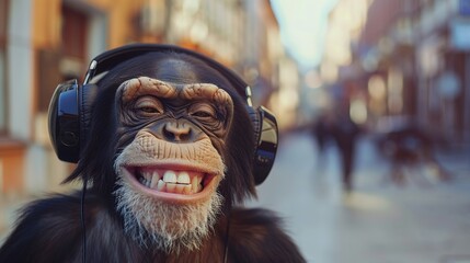 Poster - Happy anthropomorphic monkey with a big smile and headphone, listening to music in downtown city street, urban underground retro style and charismatic human attitude