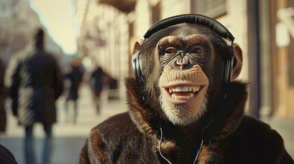 Wall Mural - Happy anthropomorphic monkey with a big smile and headphone, enjoying music in downtown city street, urban underground retro style and charismatic human attitude