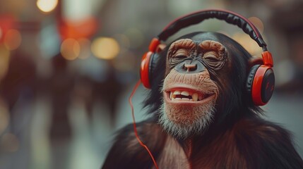 Wall Mural - Happy anthropomorphic old monkey with headphone, smiling and enjoying music in downtown city street, urban underground retro style and charismatic human attitude