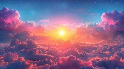 Wall Mural - Surreal sky with colorful clouds and a glowing sun creating a magical and ethereal atmosphere perfect for fantasy-themed illustrations Illustration Flat Color, Clip Art Style , Minimalism,