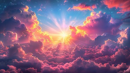 Sticker - Surreal sky with colorful clouds and beams of light creating a dreamlike and otherworldly atmosphere perfect for fantasy-themed illustrations Illustration Flat Color, Clip Art Style , Minimalism,