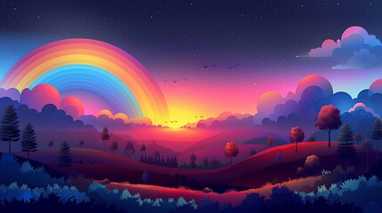 Wall Mural - Colorful landscape with a rainbow of hues blending together to create a picturesque scene ideal for microstock illustrations and designs Illustration Flat Color, Clip Art Style , Minimalism,