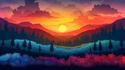 Wall Mural - Colorful landscape with a rainbow of hues blending together to create a picturesque scene ideal for microstock illustrations and designs Illustration Flat Color, Clip Art Style , Minimalism,