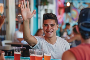 Wall Mural - Young man having fun with friends, waving and smiling in a bar