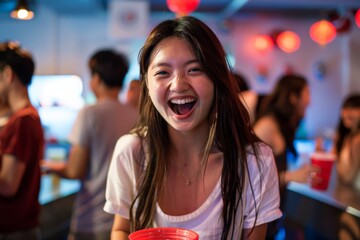 Wall Mural - Young woman laughing with friends at house party