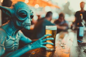 Wall Mural - Alien having a beer with friends at the bar