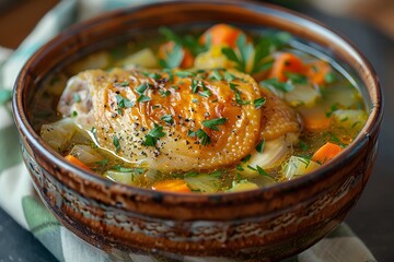 Wall Mural - Hearty Chicken Soup with Fresh Vegetables and Herbs