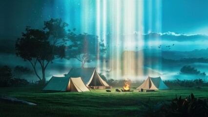 Sticker - A group of tents are set up in a field with trees and fire, AI