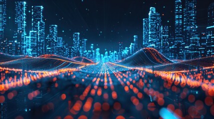 Wall Mural - abstract technology background illustration of a city at night, featuring light trails and wireframe