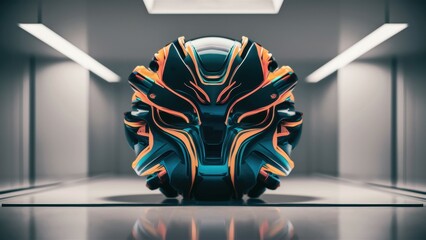 A futuristic helmet is shown in a room with other objects, AI