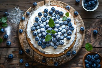 Wall Mural - Delicious Blueberry Cake Topped with Fresh Berries and Cream