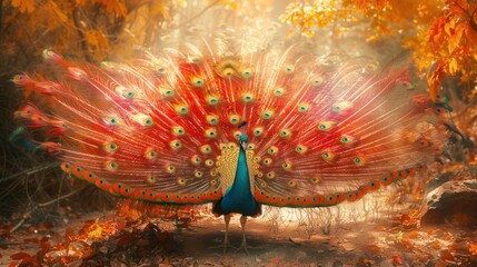 Wall Mural - Peacock in the Golden Forest