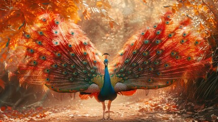 Wall Mural - Peacock Displaying Its Majestic Feathers in a Sunlit Forest