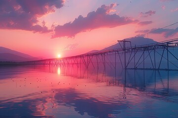 Wall Mural - A beautiful sunset over a body of water with a bridge in the background. The sky is filled with pink and orange hues, creating a serene and peaceful atmosphere