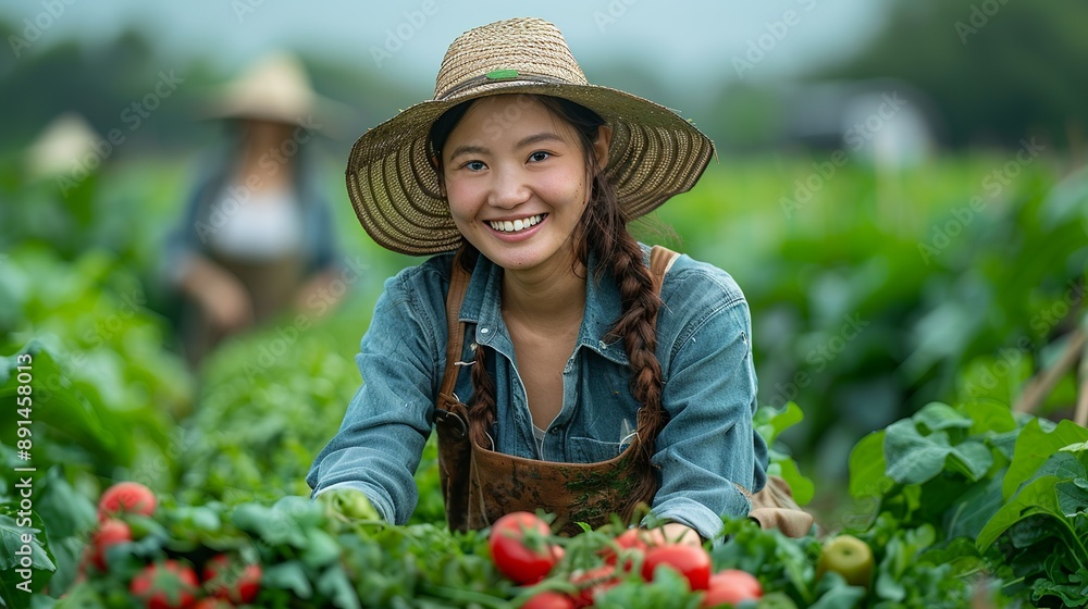Happy farmer in Asia harvesting fresh vegetables in a lush green garden ...