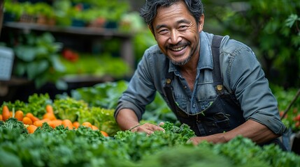 Happy farmer in Asia harvesting fresh vegetables in a lush green garden capturing the essence of traditional agriculture and rural life realistic photo, high resolution , Minimalism,